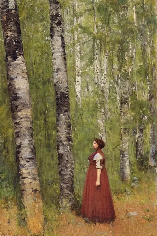 Image similar to “ italian woman, summer dress, standing between birch trees in a dense forest, jeremy lipking, joseph todorovitch ”