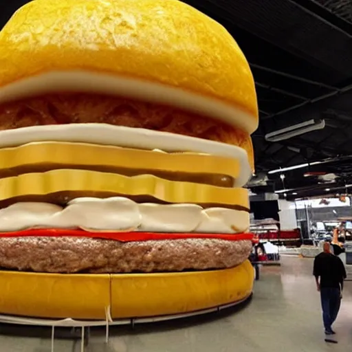 Prompt: a 1 5 foot tall burger with 1 0 0 0 slices of cheese on it stacking up to the ceiling