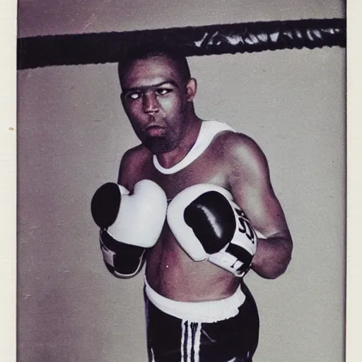 Prompt: old forgotten polaroid featuring: Rocky Raccoon, the oz-for-oz southpaw KING!!! raccoon boxing champion decked out in sparring gear. official vintage polaroid portrait from Raccoon Boxing Archives (1982).