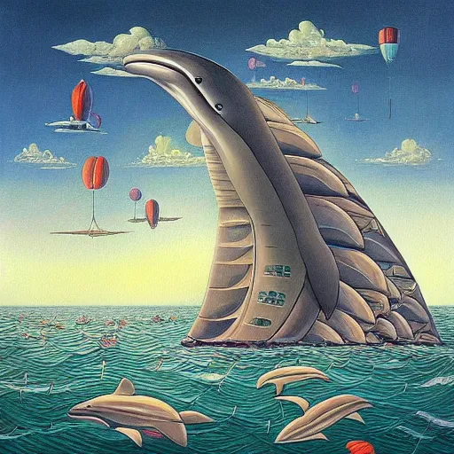 Prompt: “a painting in the style of Jacek Yerka , a house with sails is floating on the ocean surrounded by dolphins on a cloudy summer afternoon.”