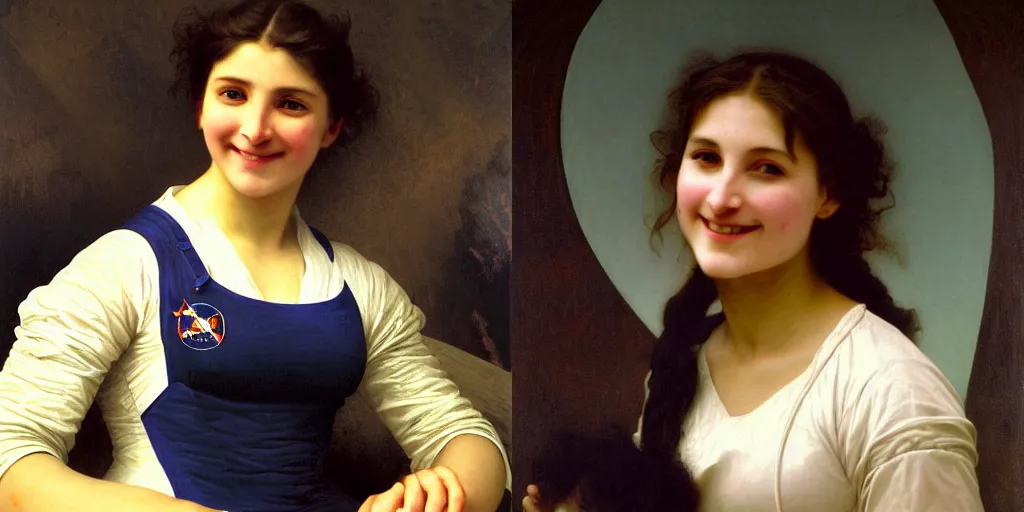 Prompt: asthetic! astronaut medium shot portrait female beautiful smiling, by William-Adolphe Bouguereau.