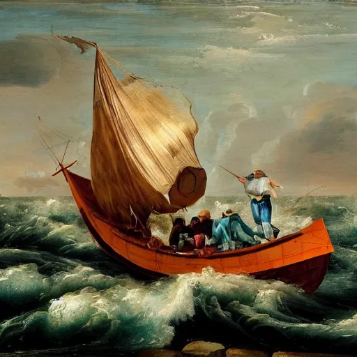 Image similar to a renaissance style oil painting of an old man, a marlin, and a boat in a turbulent sea. The old man is in the center of the image, with the marlin on the left and the boat on the right. He is leaning back, using all his strength to reel in the marlin. His face is sweaty and strained, and his arms are shaking. The marlin is huge, and its body is thrashing around in the water. The boat is small and insignificant compared to the marlin, and it is being pulled towards the fish. The overall effect is one of drama and suspense.