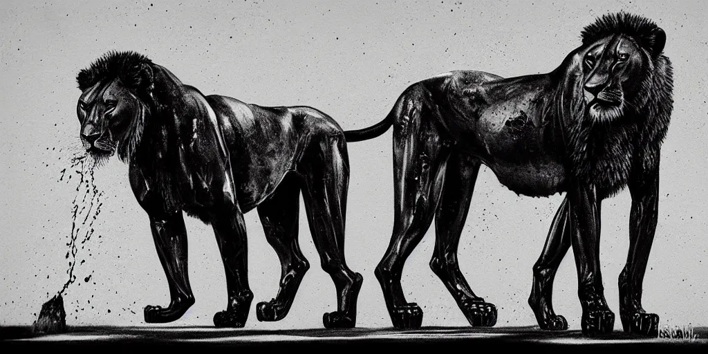 Image similar to the black lioness made of ferrofluid, walking in the suburban neighborhood, dripping tar. animal drawing, drawing, environment art, realistic, detailed