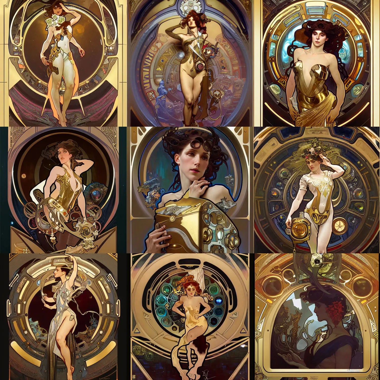 Prompt: lead artist alphonse mucha, scifi, a gold vault chest slightly open with hidden luxury goodies, steve argyle, peter Mohrbacher, Davi Blight, artgerm, magali villeneuve, greg rutkowski, no distorsion