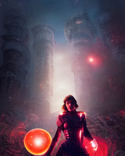 Image similar to Milla Jovovich surrounded by a red force field bubble and levitating high in the air above a destroyed dystopian city by night, shot from behind, ultra-wide angle, D&D, fantasy, intricate, elegant, highly detailed, digital painting, artstation, concept art, matte, sharp focus, illustration, hearthstone, art by Artgerm and Greg Rutkowski and Alphonse Mucha