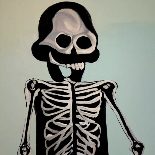 Image similar to smiling skeleton with puffy blue jacket and black shorts, painting
