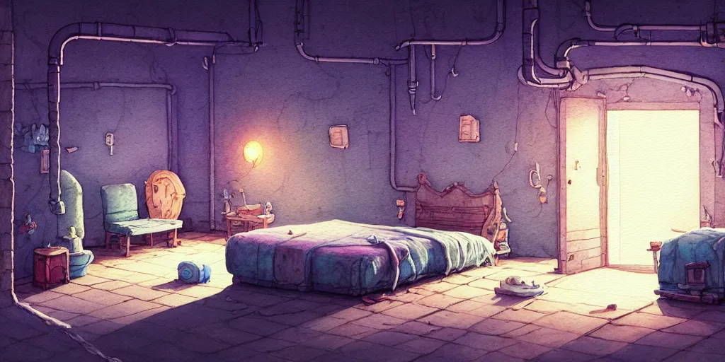 Image similar to room in the sewers, the room is delicate and neat, bed is made, sword rack above the bed, detailed, artstation, 8 k, sci - fi, pastel colors, props, panel, concept, simon stalenhag, in watercolor gouache detailed paintings, moebius, blueprint, building, living room, detailed, posters, sofa