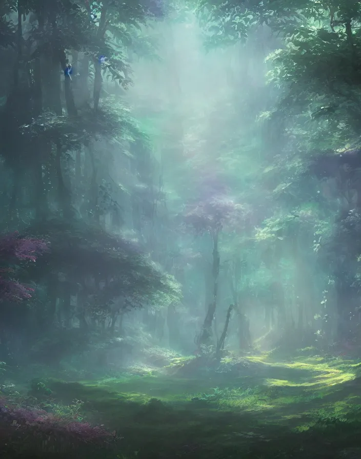 Prompt: magical mystical forest, environment concept art, ethereal anime, high detail Impressionist style, dreamy light color palette, style of studio ghibli and moebius, concept art stunning atmosphere, trending on artstation, volumetric light