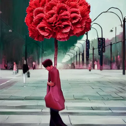 Image similar to giant carnation flower head, woman walking in a modern city, surreal photography, dramatic light, impressionist painting, digital painting, artstation, simon stalenhag