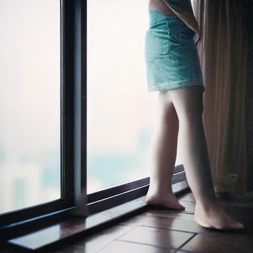 Image similar to woman with her feet on window of high rise condo. Raining outside. Cinestill 800t.