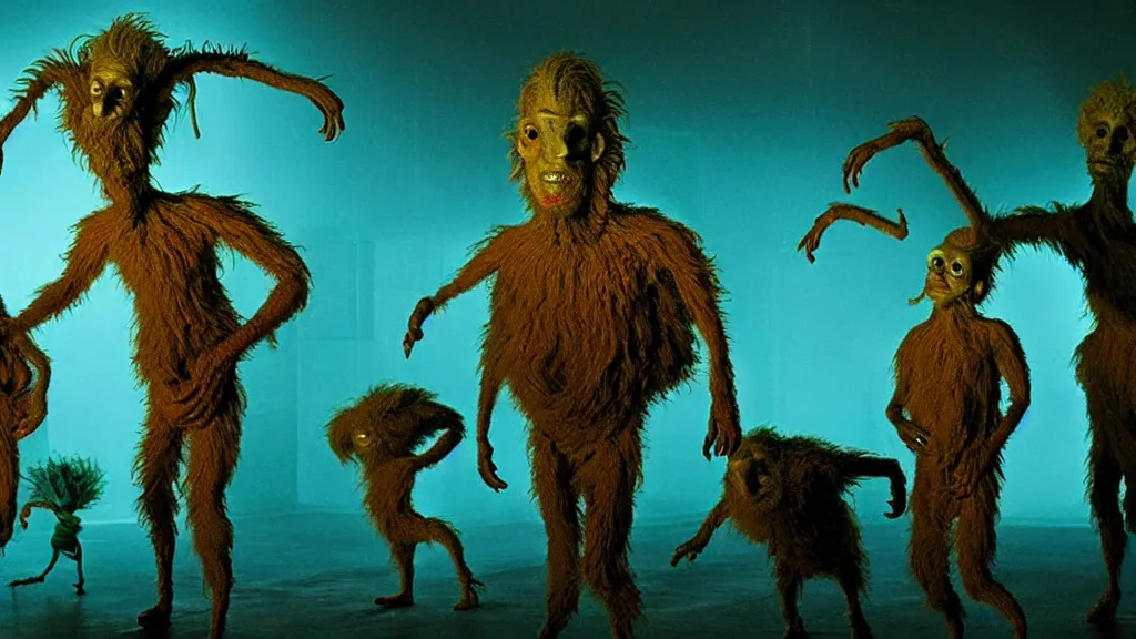 Image similar to the strange creature, made of glowing oil, they suffer from elevatophobia, film still from the movie directed by denis villeneuve and david cronenberg with art direction by salvador dali and dr. seuss