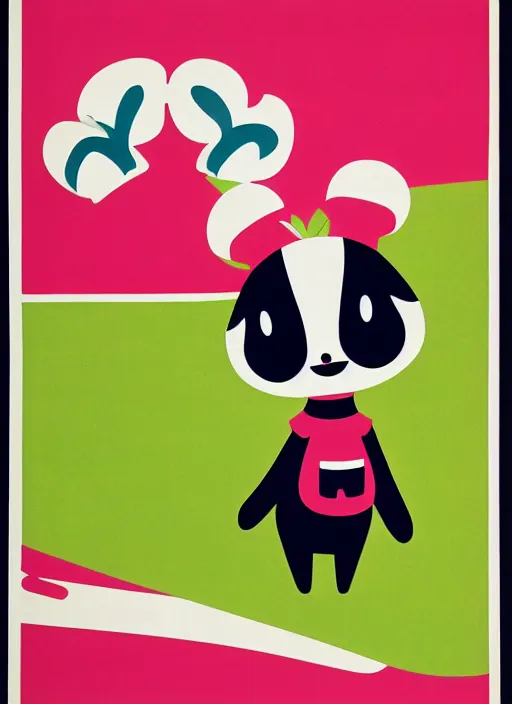 Prompt: Polish posters for Isabelle from Animal Crossing. Screen printed, silkscreen, two-tone paper texture. 1968