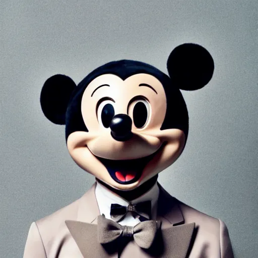 Prompt: a beautiful young korean male wearing iris van herpen mickey mouse couture, photographed by erwin olaf