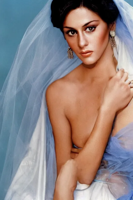 Image similar to young Monica Belluci as an Arab woman, tanned skintone, bright blue eyes, white veil, serious face, light blue dress portrait