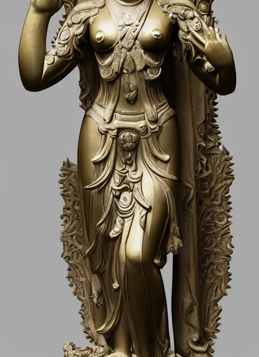 Image similar to a art deco sculpture statue of full body guanyin, intricate complexity,, statue by jane hamilton, ruan jia, character concept, radiant light,, frostbite 3 engine, cryengine, dof, trending on artstation, digital art, fantasy detailed abackground