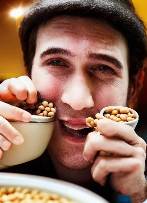 Image similar to award winning photograph of a man at a movie theater eating beans, 4 k, uhd, highly detailed, realistic, close up