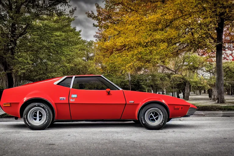 Image similar to stylized poster of a single 1974 AMC AMX/3, (Sony a7R IV, symmetric balance, polarizing filter, Photolab, Lightroom, 4K, Dolby Vision, Photography Award)