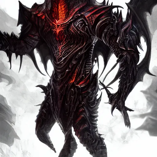 Image similar to dark fantasy concept of a vampire dragon god, with dark matter and molten armor on a mountain, cinematic, dynamic lighting, photorealistic, ultra detailed, trending on art station, stunning visuals, creative, hyper detailed