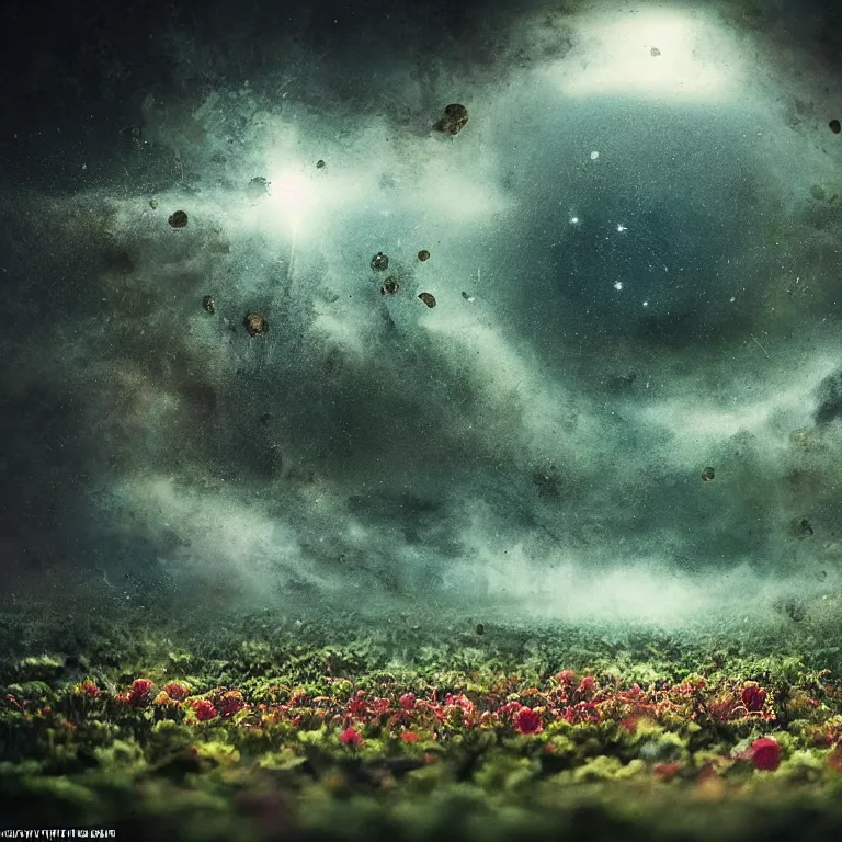 Image similar to a planet of various fungus, mushrooms, flowers and plants, inside the picture is infinity, Atmospheric, artistic photography, conceptual, long exposure outside the city, volumetric light