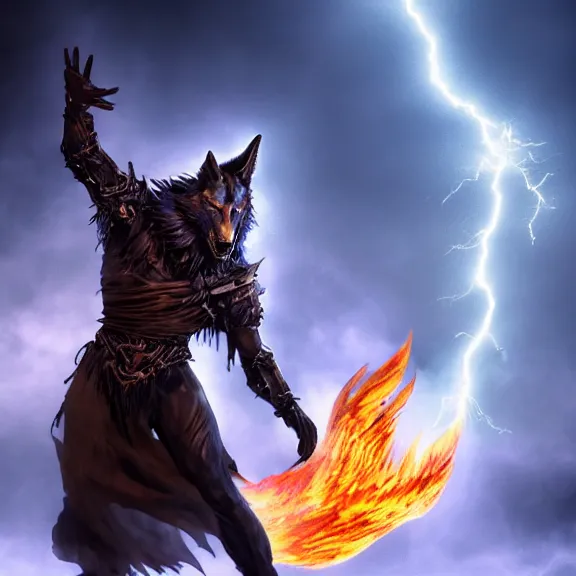 Prompt: magic humanoid strong wolf sorcerer casting a powerful arcane magic spell, fire, ice, lightning, fantasy, occult, majestic pose, dramatic lighting, cinematic scene, frank frazetta, visually stunning, sharp focus, highly detailed, colorful, trending on artstation, unreal engine, octane render, cgsociety, artgerm, award - winning