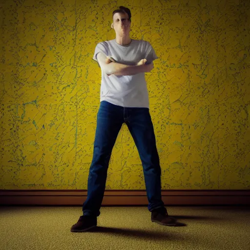 Image similar to 3 d render of jerma 9 8 5, jerma in a liminal space, non - euclidean space, office space, worn mono - yellow wallpaper, old moist carpet, inconsistently - placed fluorescent lighting, high octane, blender, 3 d render