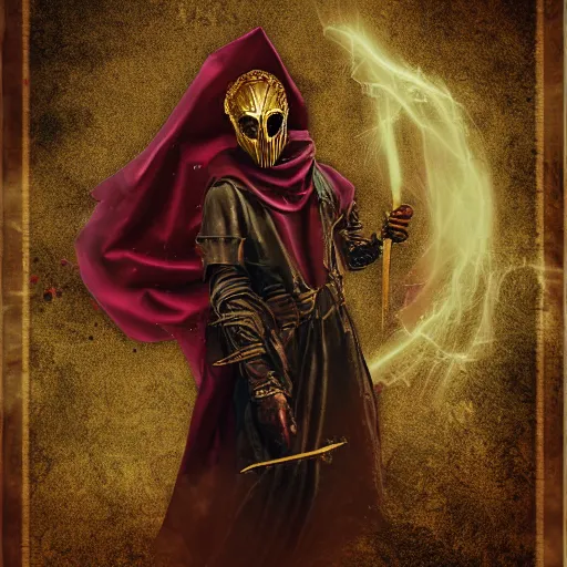 Image similar to the veiled arcanist prophet as a man with a golden cultist mask in bloodsoaked land by greg rutowski