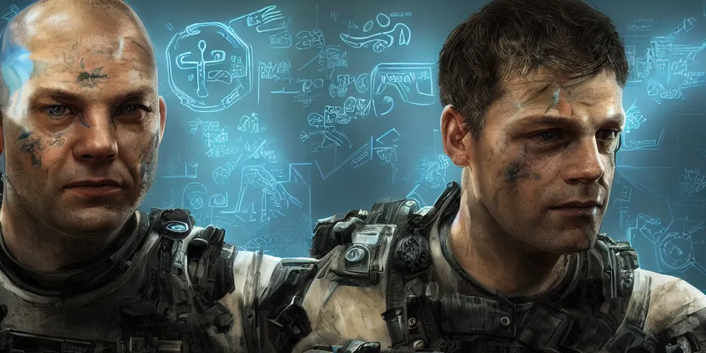 Prompt: phil spencer wild great portrait, microsoft cinematic lighting, glowing blue runes, concept art, with tattoos wearing tactical gear, intricate lights, high detailed face, 4 k,