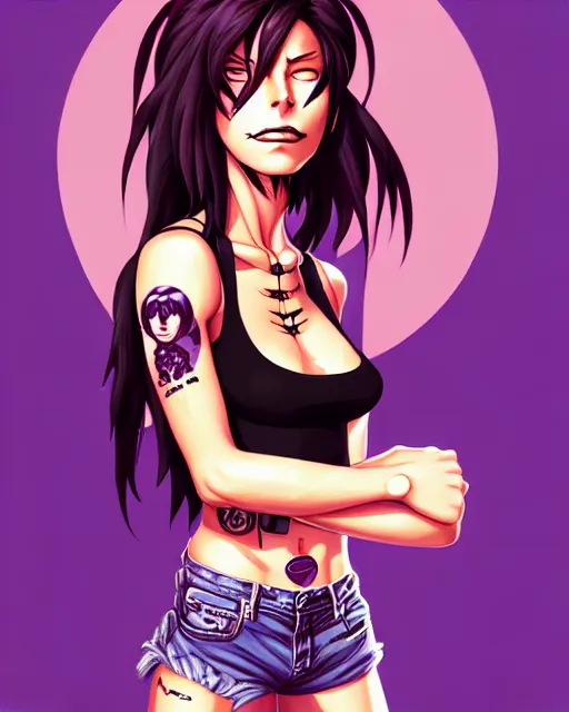 Image similar to a portrait of revy from black lagoon, black tank top, jean shorts, brown eyes, purple hair, tribal tattoos right arm sleeve, symmetrical eyes, symmetrical face, art by lois van baarle and loish and ross tran and rossdraws and sam yang and artgerm