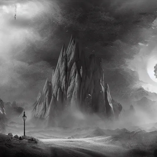 Image similar to the coming of a new age, black and white matte painting