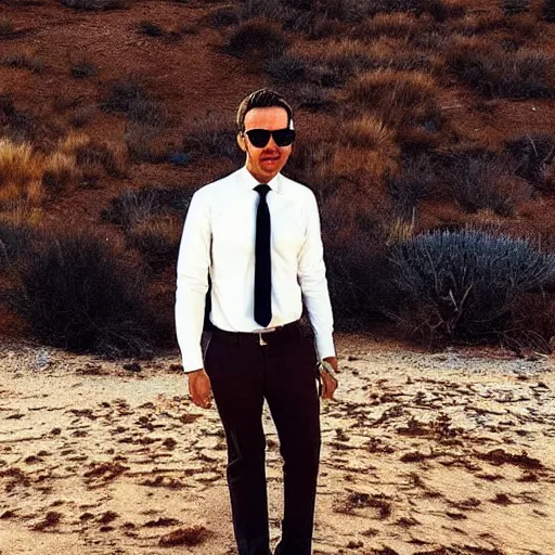 Prompt: “ a cool man with sunglasses in a suit, background desert”