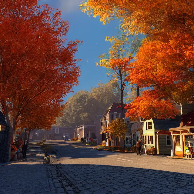 Prompt: small new england stone colonial city street with shops and pumpkins, maple trees with fall foliage, new hampshire mountain, stone street, volumetric, realistic, cinematic lighting, ray tracing, unreal engine 5, octane render, hyper realistic, photo, 8 k