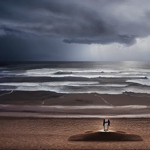 Prompt: a highly detailed tarot card of a large cross standing on the beach as a storm comes in with the tide, woman sitting in the sand watching the ocean, epic fantasy, god rays, rocky beach, ultrawide lense, aerial photography, unreal engine, exquisite detail, 8 k, art by albert bierstadt and greg rutkowski and jeong seon