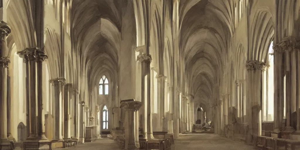 Prompt: a painting of the interior of Kirkwall cathedral, orkney islands, tall columns, bright white morning light casts shadows, architectural, by Pieter Saenredam