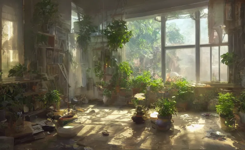 Prompt: a stylish artist studio interior, messy, many plants, painting by Craig Mullins, octane rendering, soft morning lighting, ultra wide angle lens, low view, in the style of Hayao Miyazaki, trending on artstation,