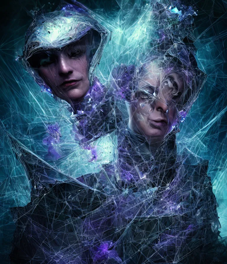 Image similar to impressive ominous front!! shot photo of a court jester character fine portrait fine portrait mesmerizing fractal hyper cubes platinum cracked dark future hyper dimensional space galactic crystal nebula edges elegant detailed intricate concept artstation sharp focus ray tracing cinematic masterpiece temporal corruption beeple wlop germ 8 4 k scifi glossy hyper realistic illustration canon eos r 3 fujifilm x - t 3 0 sony alpha a 6 6 0 0