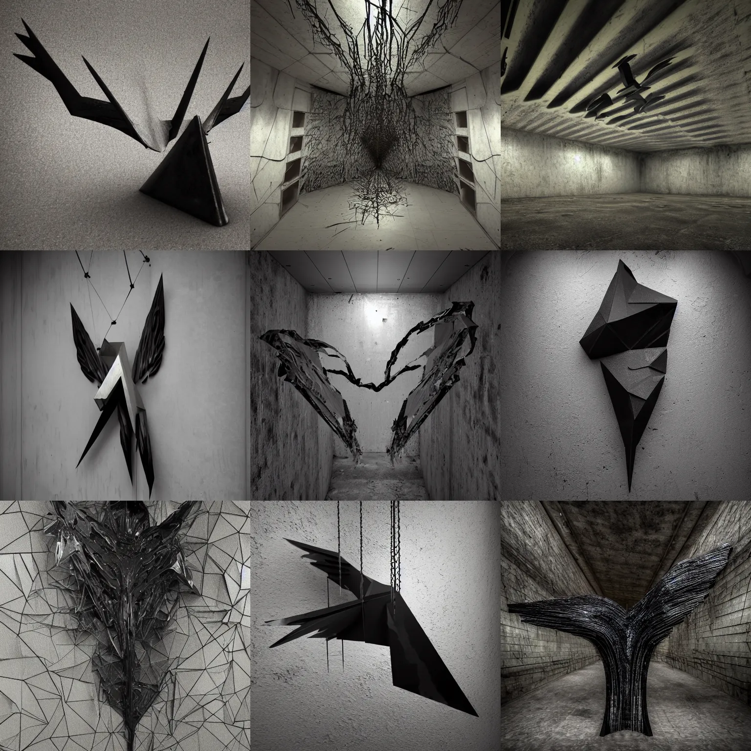 Prompt: asymmetrical 3d black metal vaguely winged abstract sculpture made of glossy black liquid latex, sharp irregular shapes, suspended from ceiling in abandoned tunnel, brutalist, 8k hyperrealistic, hyper-detailed, highly textured, dark volumetric lighting, fine details, muted, octane render, asymmetry —h 2048