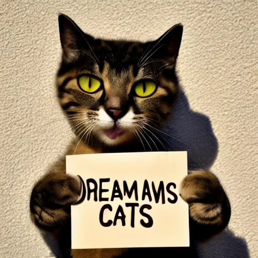 Prompt: realistic high quality photo of a cute cat holding a sign with text that reads : dreamcats caaats, cats, cas