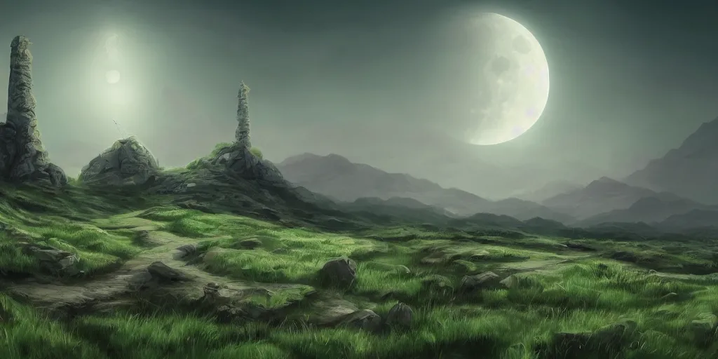 Image similar to The great marble wizards tower, painted landscape,green fields in the background, moody lighting, moon in the night sky, sharp image, artstation, colorful digital art