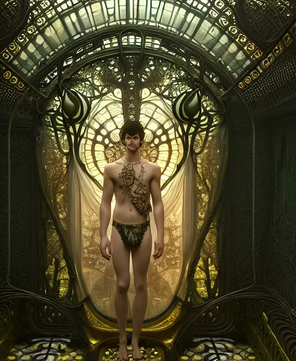 Image similar to intricate ornate opulent transparent clear see - through portrait of a playful beautiful human male beetle, fractal, adorable, childlike, overgrown biopunk jungle environment, ultra realistic, concept art, art nouveau, photorealistic, octane render, 8 k, unreal engine. art by christopher marley and artgerm and greg rutkowski and alphonse mucha