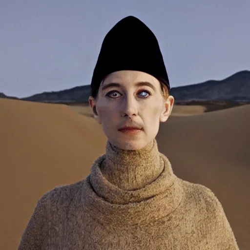 Prompt: An extremely avant-garde surreal portrait, face, highly detailed, intricate elegant editorial photo sharp focus bokeh in sand dunes with and black turtleneck robes and scarf in The Grand Budapest Hotel