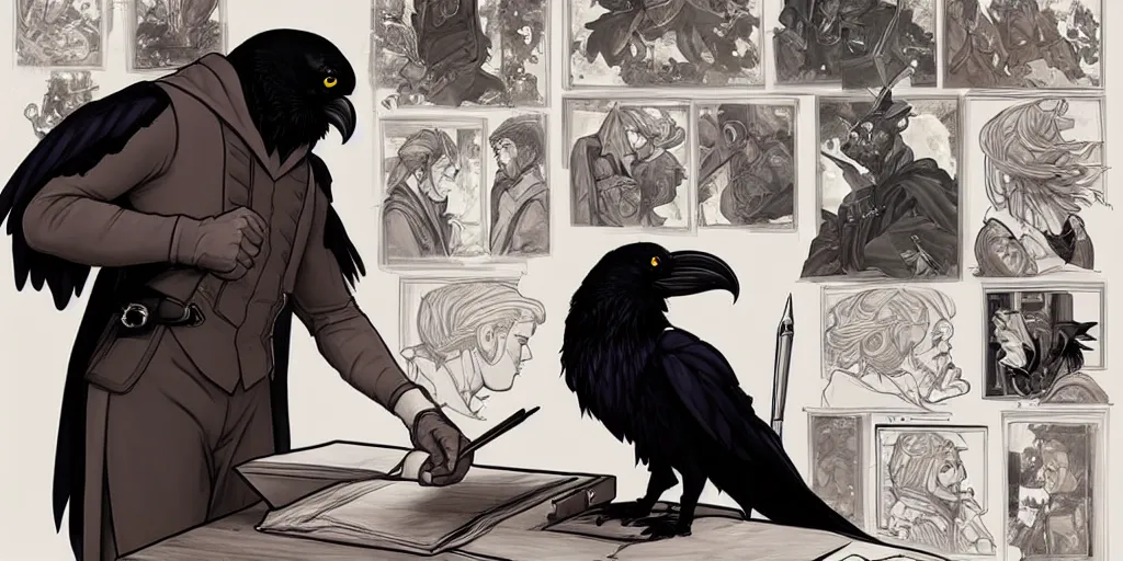 Prompt: a scholarly raven is seen writing at his desk. character sheet, character design, contrast, deep focus, turnaround, highly detailed, dramatic lighting, digital painting, artstation, concept art, matte, sharp focus, illustration, elegant, art by artgerm and greg f and alphonse mucha.