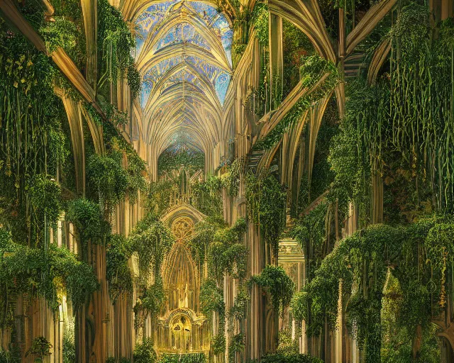 Prompt: An ultra-detailed illustration of a cathedral interior, high ceiling, overgrown with moss, flowers and lush plants, vines hanging down from the tall ceiling, digital art, trending on Artstation, matte painting, detailed, Dan Mumford