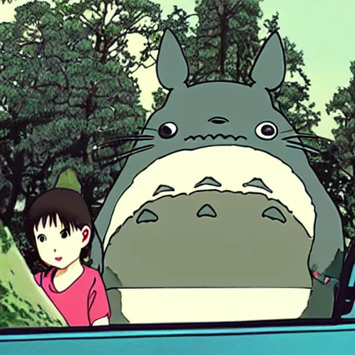 Prompt: totoro driving in a car to tokyo