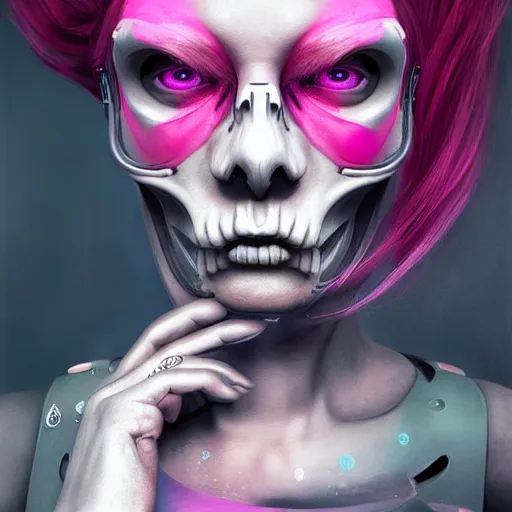 Image similar to a digital painting of a woman with pink hair with a skull on her face, cyberpunk art by android jones, zbrush central contest winner, gothic art, apocalypse art, darksynth, zbrush