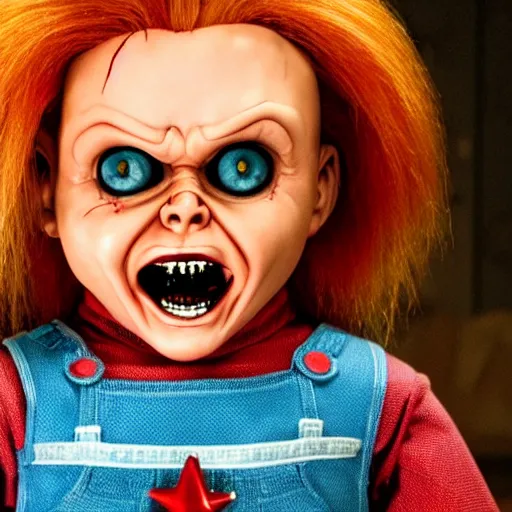 Image similar to Chucky the killer doll from the movie Child's Play demonic scary creepy movie still 8k hdr scary lighting