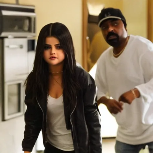 Image similar to high quality movie still of selena gomez being chased by ghostface in scream 6