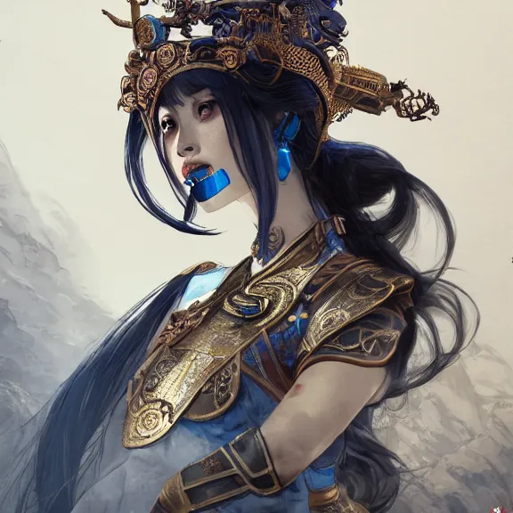 Image similar to ancient chinese princess with steampunk mask, dynasty warriors, headshot, holy, unreal engine, 8 k, blue color scheme, headshot, highly detailed, smooth, ink painting, artstation, concept art, in style of yoji shinkawa, pan ren wei, col price, atey ghailan, by greg rutkowski, aesthetic