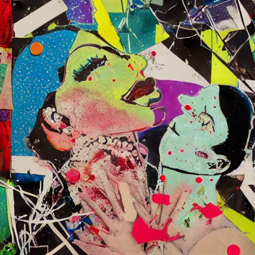 Image similar to two women kissing at a carnival on an alien planet, mixed media collage, retro, paper collage, magazine collage, acrylic paint splatters, bauhaus, abstract claymation, layered paper art, sapphic visual poetry expressing the utmost of desires by jackson pollock