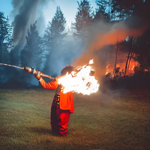 Image similar to photo of a clown using a flamethrower projecting a long bright flame towards a fire