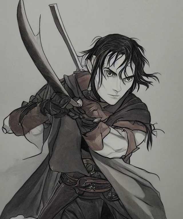 Prompt: drawing painting portrait of a noble young man with a sword in style of game art lord of the rings banner saga ashes of gods frank miller alex ross trending technoir ito junji